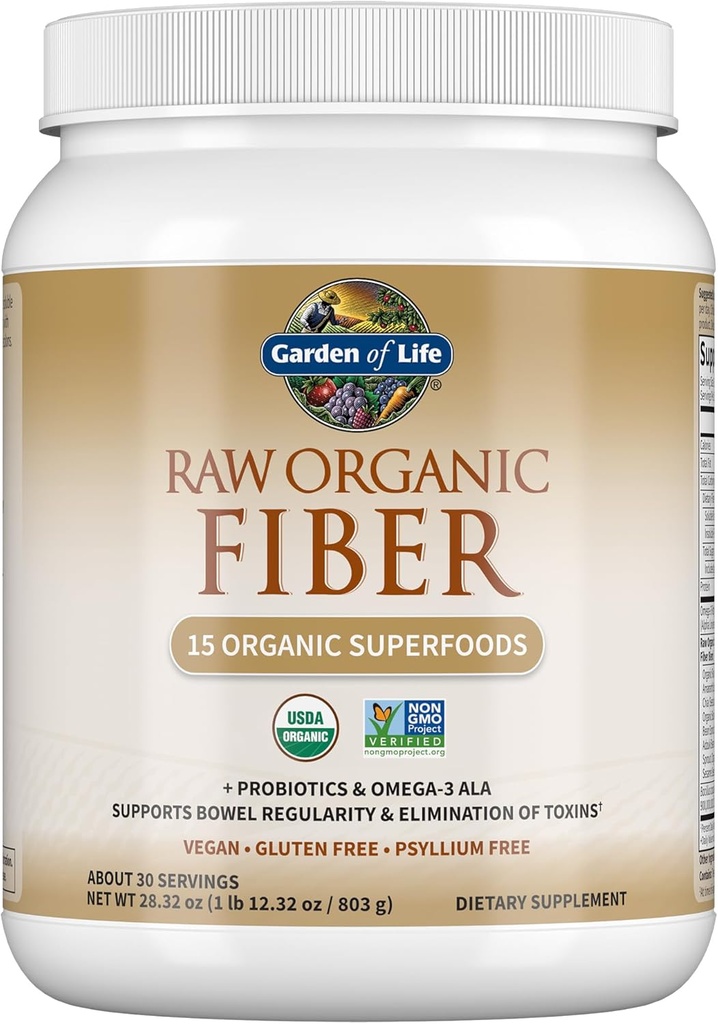 Záhrada života Raw Organic Fiber Powder, 30 Servings, 15 Organic Superfoods, Probiotiká, Omega-3 ALA, 4g Rozpustné Fiber, 5g Nerozpustné pre pravidelnosť, Psyllium Husk zadarmo