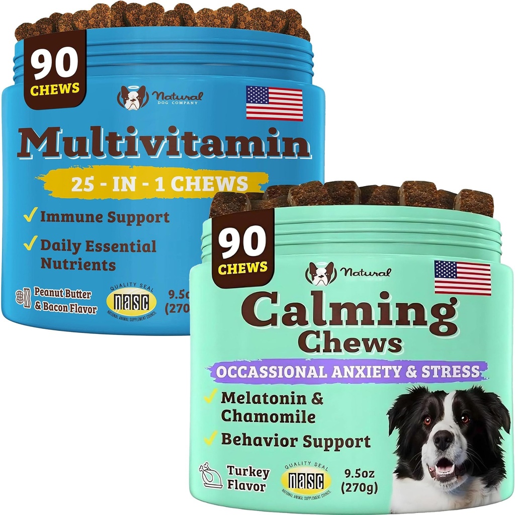 Natural Dog Company Multivitamín a upokojujúce doplnok Bundle, Denné živiny a úzkostná úľava pre psov, Podpora Spoločné zdravie, koža a pokožka, znížiť stres z hluku a cestovanie, Essential Vitamíny