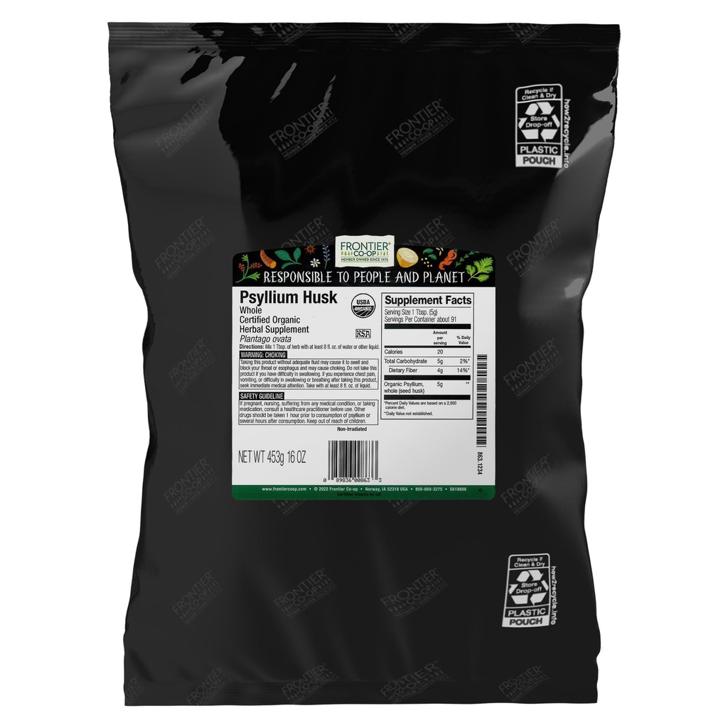Frontier Co-op Organic Psyllium Husk 1lb - Celo Psyllium Husk, Organic & Kosher - Psyllium Husk Fiber for Peaking, Psyllium Nutritional Supplement for Digestion, Psyllium Husk Powder Bulk