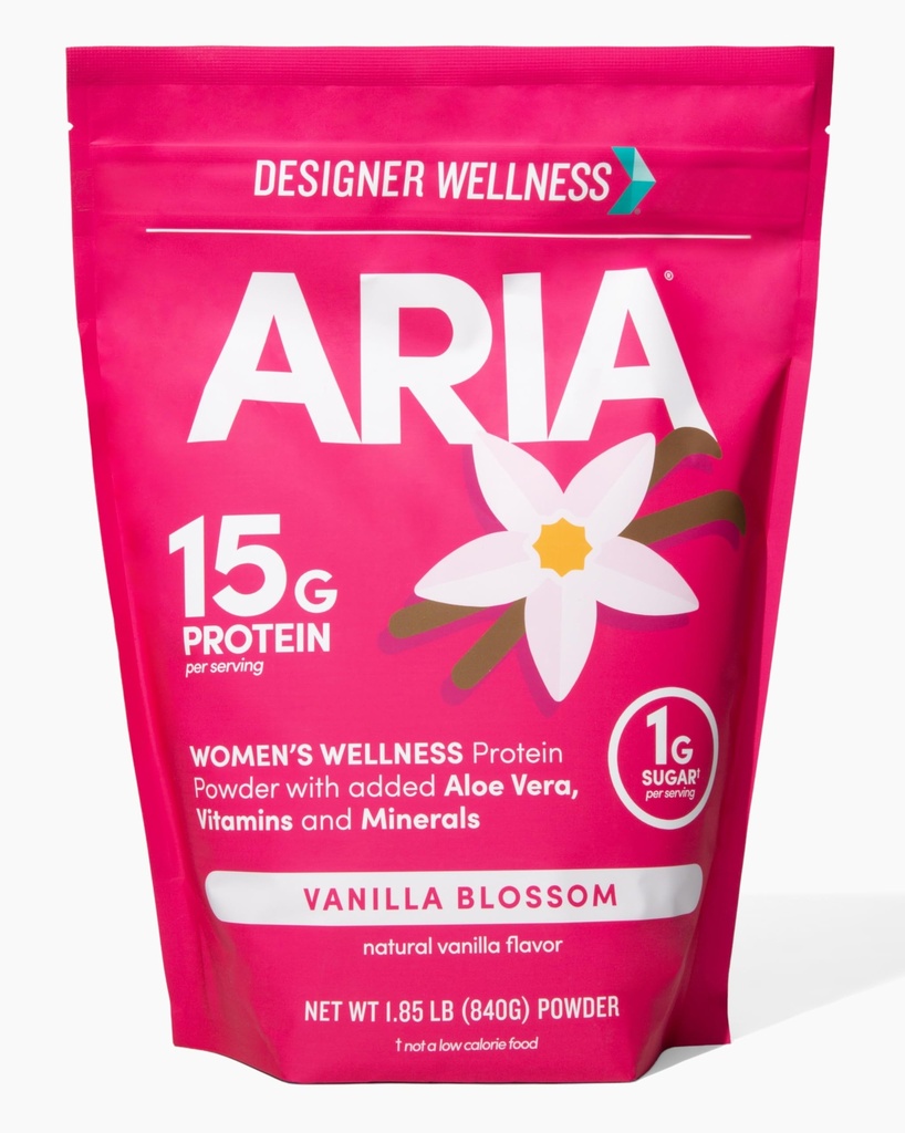 Designer Wellness, Aria, Women's Wellness Low Calorie Vanilla Protein Powder with Biotin, Vitamin C and Organic Aloe, Vanilla Blossom, 1,85 libra