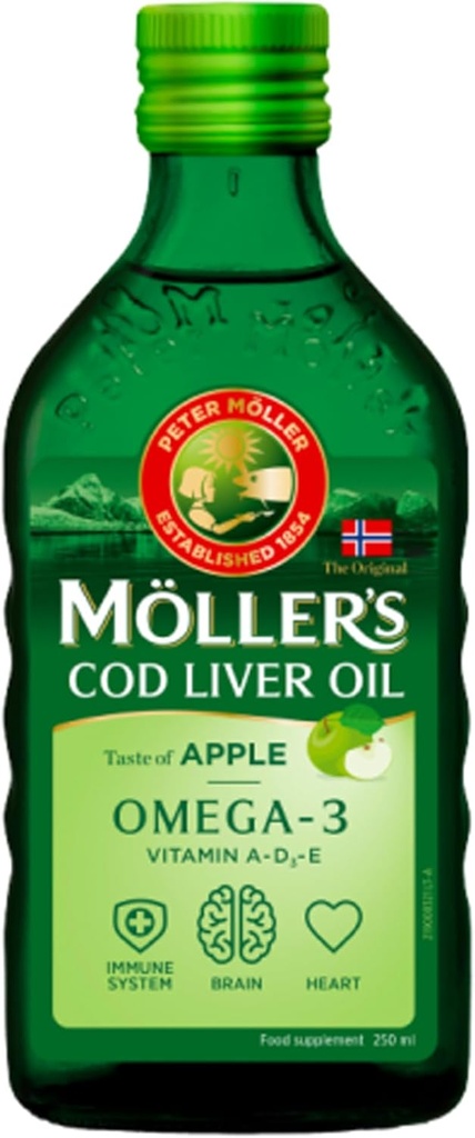 Moller's Fish Oil Nórska prírodná príchuť - Dietary Supplement, 8.45 fl oz (Lemon, Jablko, ovocie, prírodné príchute) (250 ml, Neochutené (Prírodné))