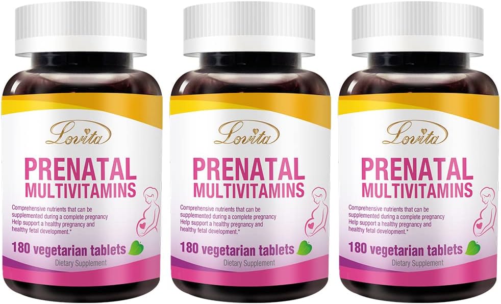 Lovita prenatálne vitamíny so železom 27 mg, kyselina listová 800 μg a vápnik, vegánske prenatálne vitamíny pre ženy počas a po preganatizácii, non GMO, 180 vegetariánskych prenatálnych piluliek (súprava 3)