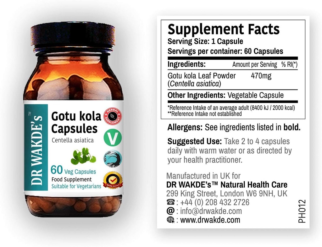 Kapsuly DR WAKDE'S Gotu kola (Mandukparni, Centella asciatia, 60 Veg Caps, Rastlinné-Based Supplement, Ayurvedic Herb, All Natural, Vegan)