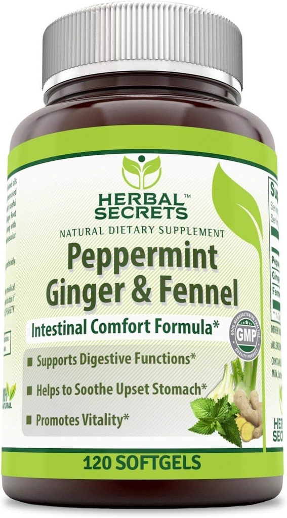 Bylinné Secrets Peppermint Ginger & Fenikel 120 Softgels (Non-GMO) - Podpora Digestívne funkcie* - Podporuje vitality*- pomáha upokojiť žalúdka