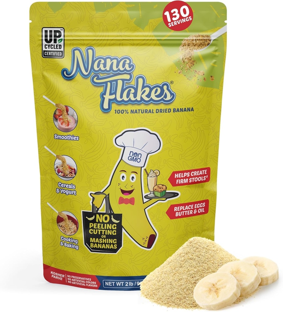 Výživové návrhy Nana Flakes 100% Natural Banana Powder, Tráviaca podpora - Zdroj draslíka a vlákniny - Substitute for Eggs, Butter, or Oil in Peking (2LB Bag)