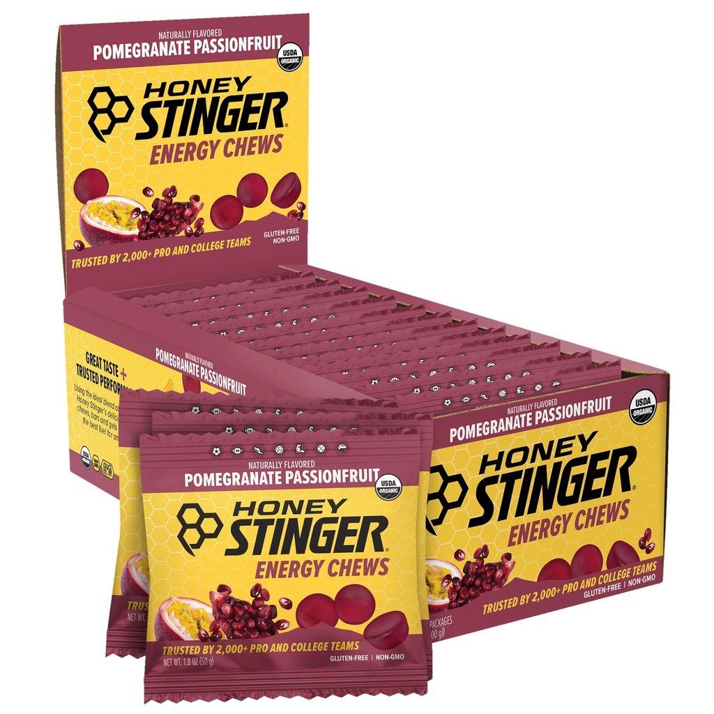 Honey Stinger Organic Pomegranate Passionfruit Energy Chew, Gluten Free & Caffeine Free, for Cvičenie, Beh a výkon, Sports Nutrition for Home & Gym, Pre and Mid Workout, 12 Balenie