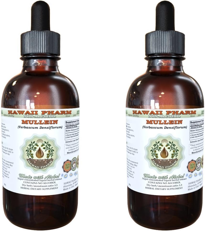 Mullein Liquid Extract bez obsahu alkoholu, Organic Mullein (Verbascum densiflorum) Sused Flower Glycerit Natural Herbal Supplement, Hawaii Pharm, USA 2x2 oz