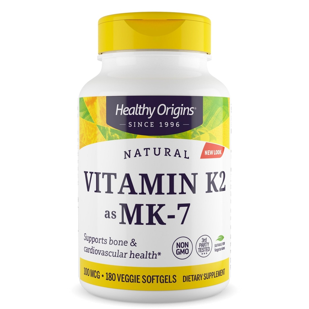 Zdravý pôvod Vitamín K2 100 mcg (MK-7, Non-GMO, bezlepok, Kardiovakulárna podpora, Podpora kostí), 180 Veggie Gels