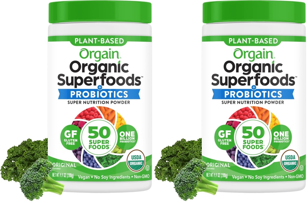 Orgain Organic Greens Powder + 50 Superfoods, Original - 1 Milión probiotík pre zdravie Gut, Antioxidanty, Vegan, Plant Based, Gluten Free, Non GMO, Dairy Free Juice & Smoothie Mix - 0.62lb