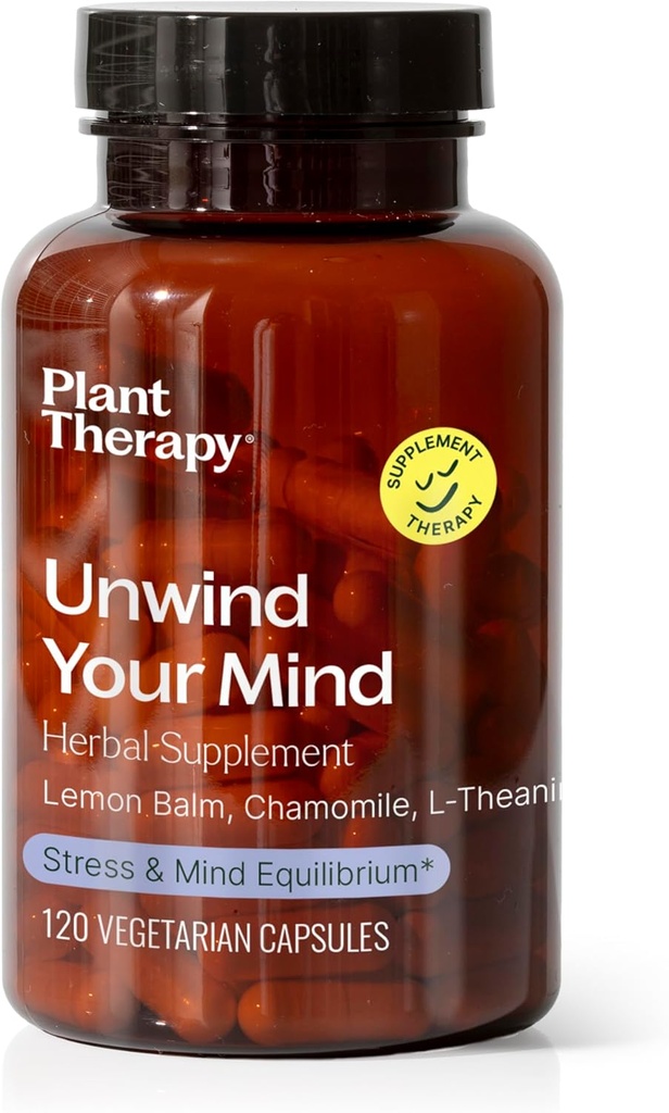 Plant Therapy Rewind Your Mind Herbal Supplement Kapsule, prirodzene relaxačné, Pomáha upokojiť zaneprázdnený mozog, veľký po dlhom dni alebo pred spaním, 120 Vegetariánske kapsule (4 mesiace dodávky), Made in The USA