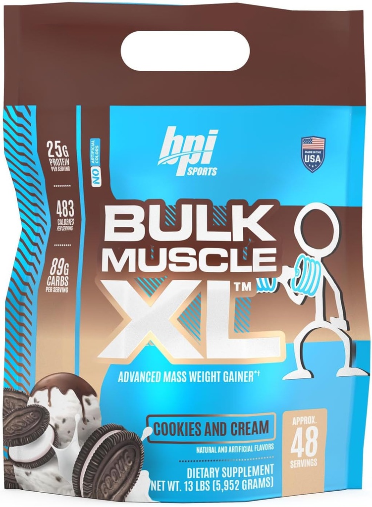 BPI Sports hromadná svalovina XL - Advanced Mass Weight Gainer pre vážne budovanie svalov a zotavenie, 25g proteínu & 497 kalórií na obsluhu - čokoláda, 13lb taška (13lb, Cookies a krém)