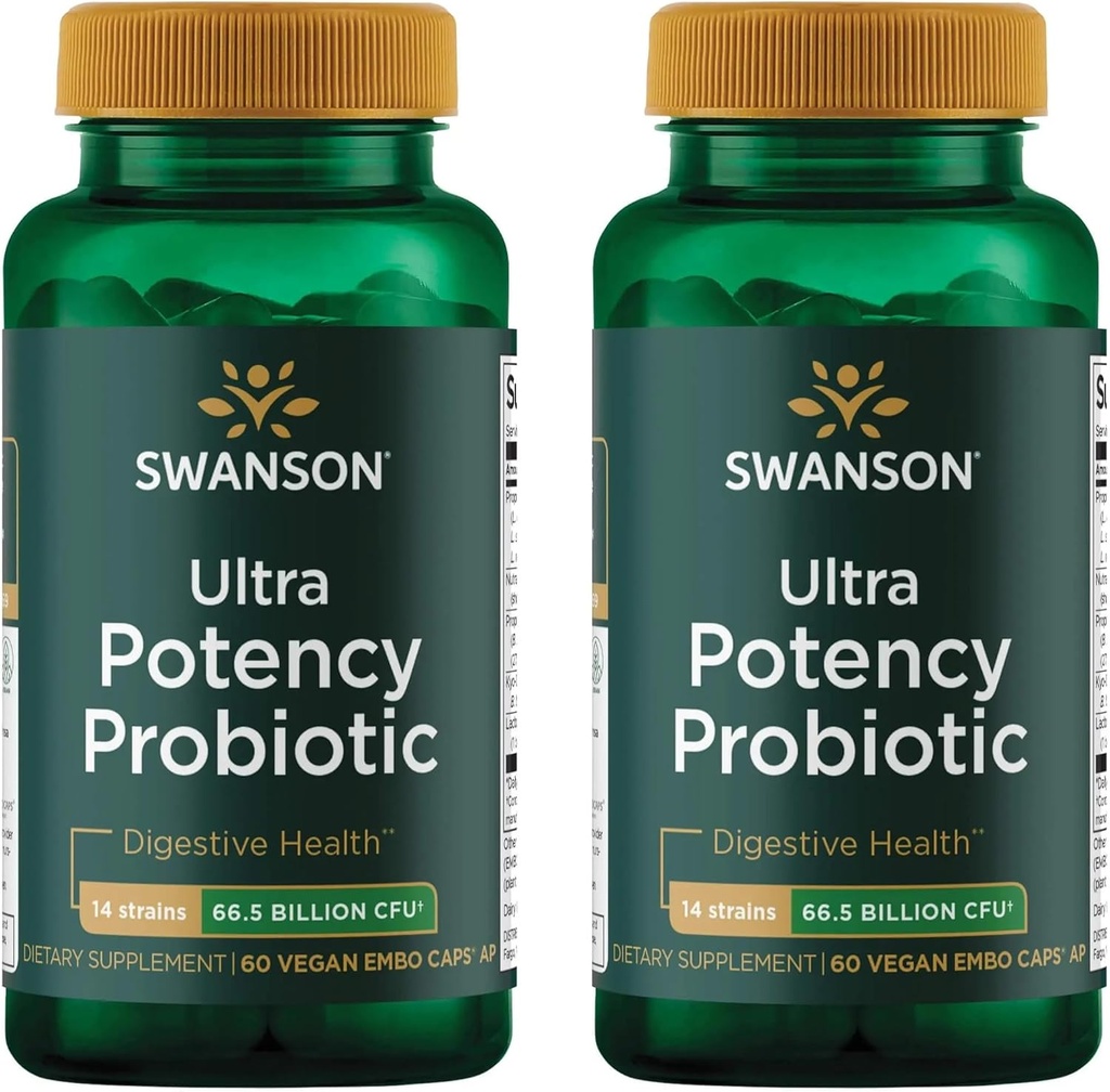 Swanson Ultra Potency Probiotic Digestive Health Immune System Support 66 Billion CFU Prebiotic NutraFlora scFOS 60 DRcaps Veggie Capsules (Caps) (2 balenia)