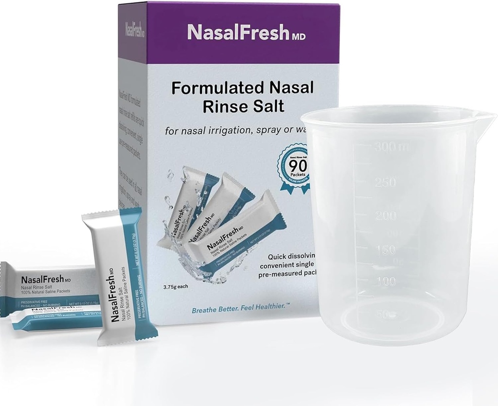 NASALFRESH MD - Saline pakety - Rýchle rozpúšťanie - Jedno použitie - Pred-Meranie - nosové zavlažovanie - Individuálne zabalené (3,75g/1,3oz) - 90 Počet refill pakety - 300mm pohár