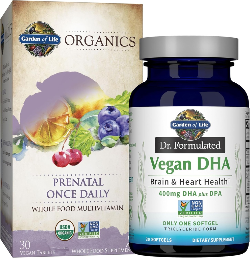Garden of Life Once Daily Vegan DHA + prenatálne multi-ponuka: Dr Formulované Vegan DHA 30 Softgels + Organics Prenatal Once Daily Multivitamíny s folátom pre ženy a prenatálne zdravie, 30 tabliet