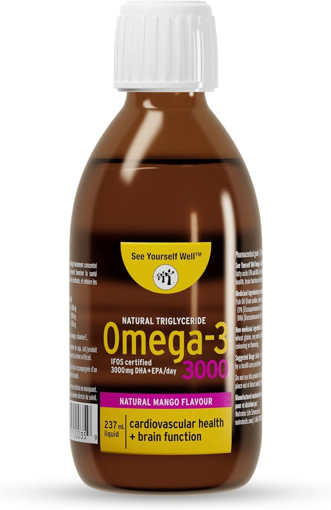 Tekutý Omega 3 Rybí olej - vysoká potencia. Podporuje mozog, oko, srdce a imunitné zdravie. Prírodný triglycerid. 237ml / 8oz - 48 Servis. Mango