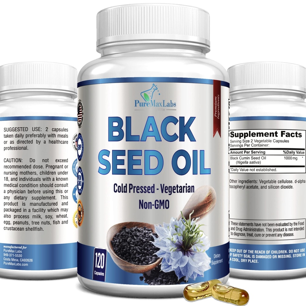 Cold Pressed Black Seed Oil - 120 Kapsule, Premium Nigella Sativa Pure Black Cumin Seed Oil s vitamínom E, pre vlasy, pokožku a imunitné zdravie - Non-GMO 120 Kapsule