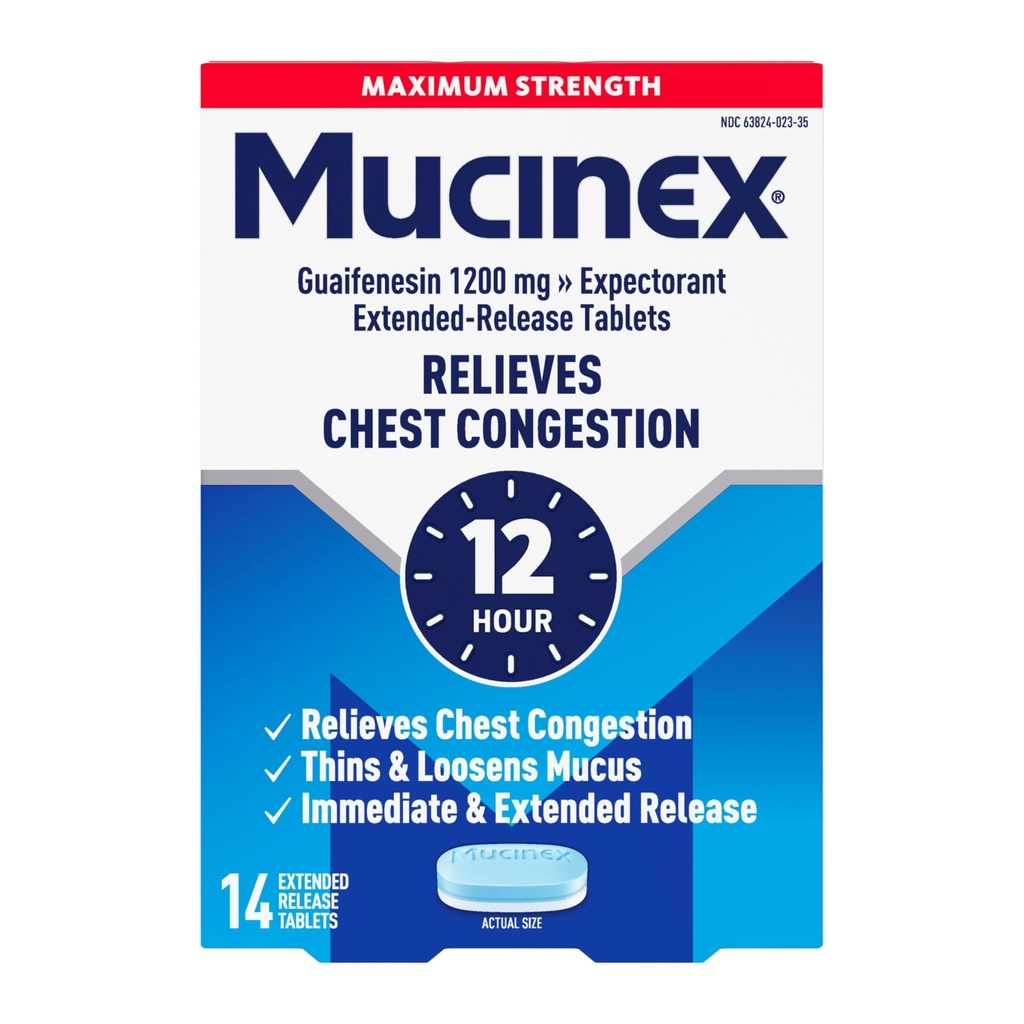 Mucinex Chest Congestion, Maximálna sila 12 hodín rozšírená Release Tablety, 14ct, 1200 mg Guaifenesin s predĺženou úľavou kongescie hrude spôsobené prebytkom hlienu, tenkých a uvoľnených hlienu