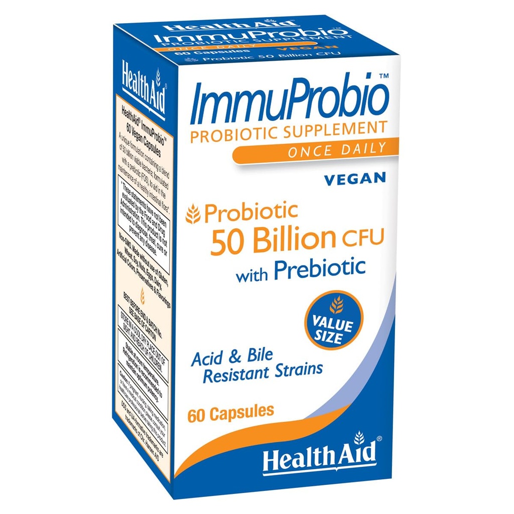 HealthAid ImpuProbio 60 Caps - 50 miliárd CFU s prebiotikom, raz denne, acid & Bile Rezistentné kmene, Vegan