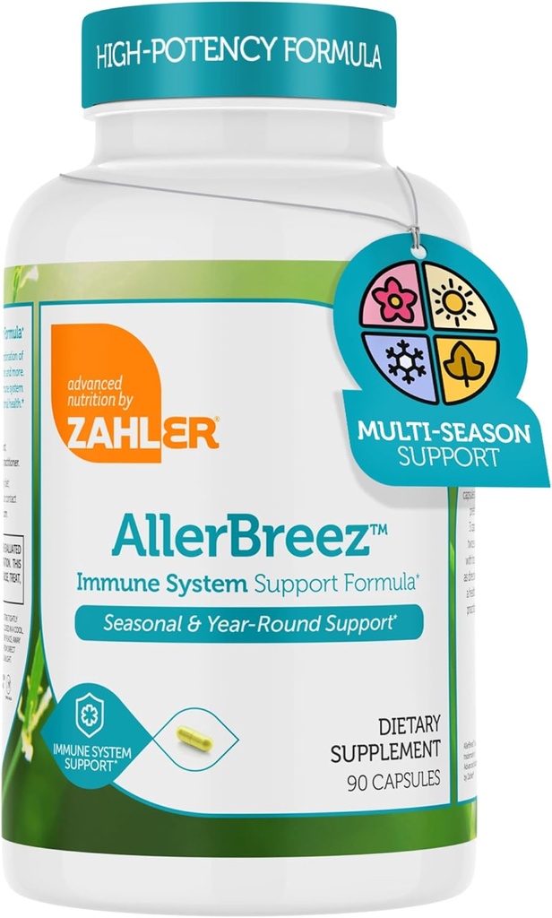 Zahler AllerBreez Immune System Support Formula s vitamínom C, Quercetin, vitamín B5, MSM & Stinging Nettle - Sezónna a ročná Immune Suplement, Dhist Allergy Supplement (180 kapsúl)
