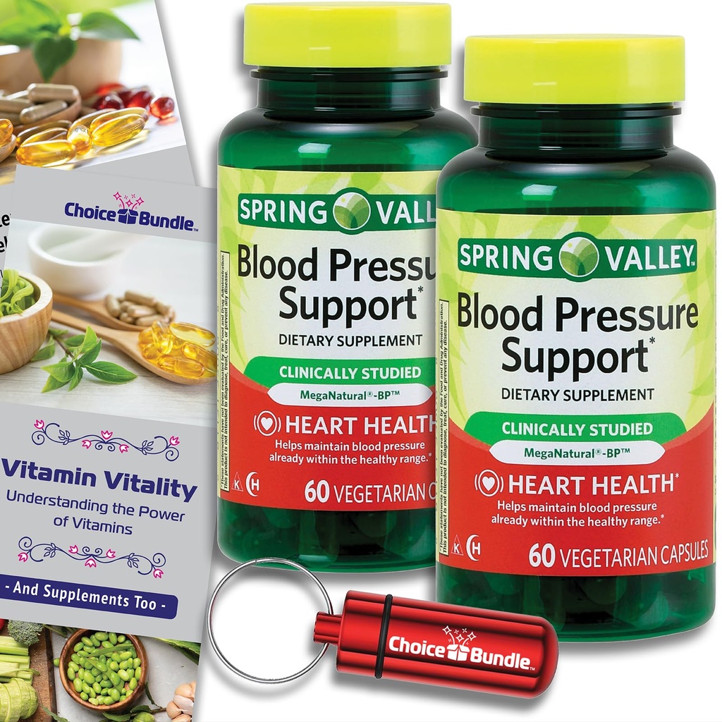 Výber Bundle Jarné údolie Podpora krvného tlaku Vegetariánske kapsule 60 Ct 2 ks (120 celkom) + vitamínový sprievodca & Pill kontajner (4 položky)!
