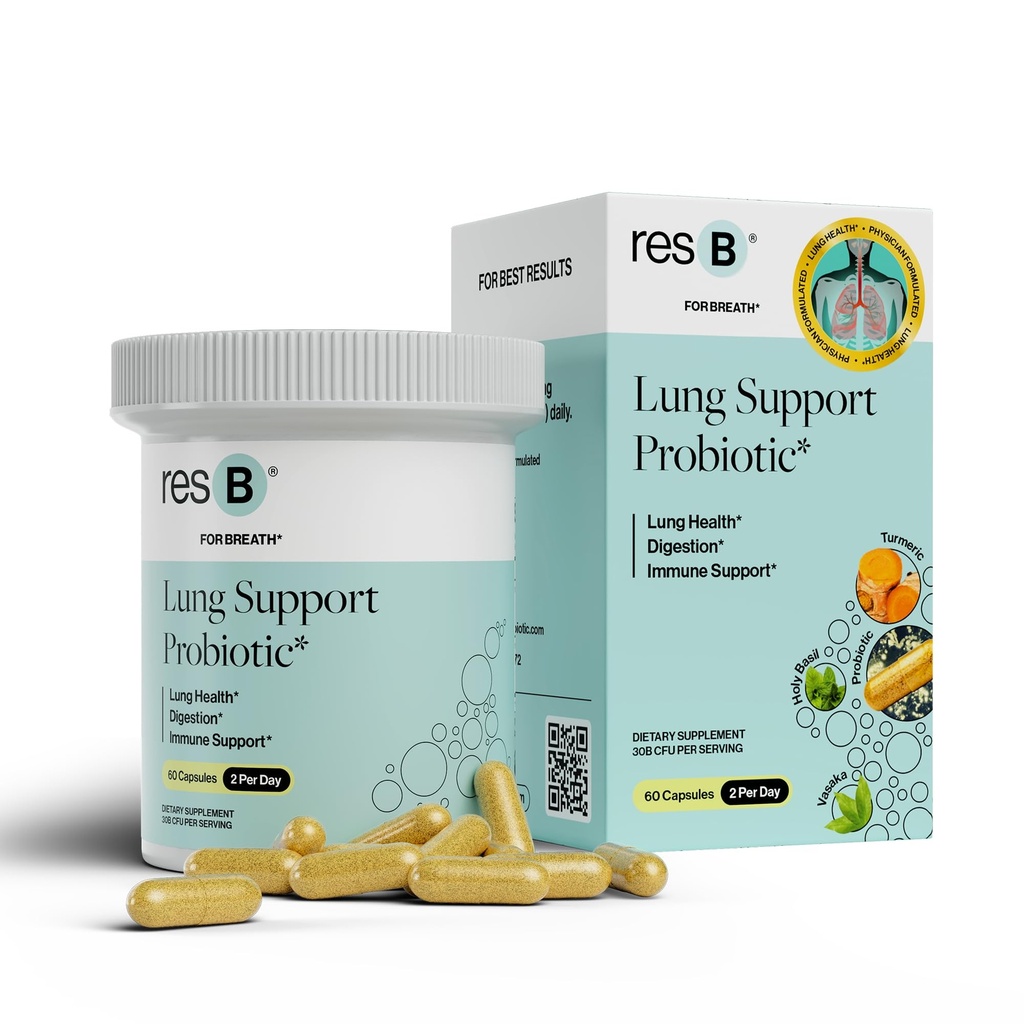 resB Lung Support Probiotic Supplement - Lung Health Supplement for Smokers, Gut Health, Immune & Digestive Support, Respiratory Care, Holy Basil & Turmeric, Klinicky skúšané - 60 Kapsule