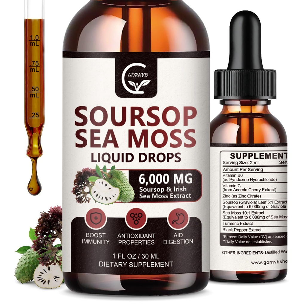 (2 balenia) Soursop Graviola Liquid Drop, Soursop Bitters Multivitamínové kvapaliny s morskou machou a kurkumou, 98% Absorpcia pre podporu buniek a regeneráciu, Immune Boost a pečeň, 1 Fl Oz