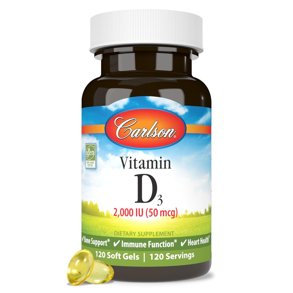 Carlson - vitamín D3, 2000 IU (50 μg), imunitná podpora, zdravie kostí, zdravie svalov, cholekalciferol, vitamín D doplnky, vitamín D3 mäkké gély, 120 softgelov