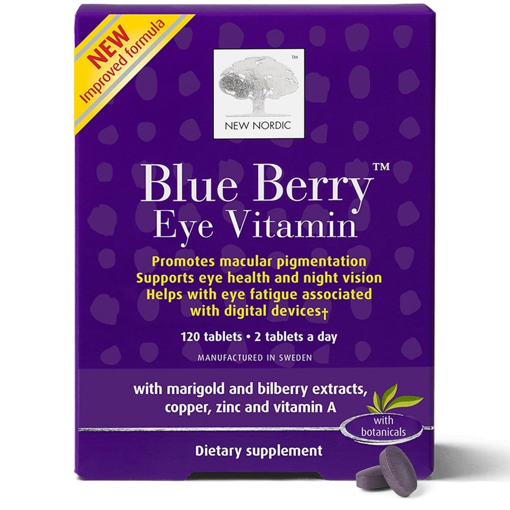 NOVÉ NORDIC Blue Berry vitamín Luteín Očné doplnok so zinkom, podporuje makulárnu pigmentáciu, funkciu očí a zraku, 120 tabliet (Pack of 1)