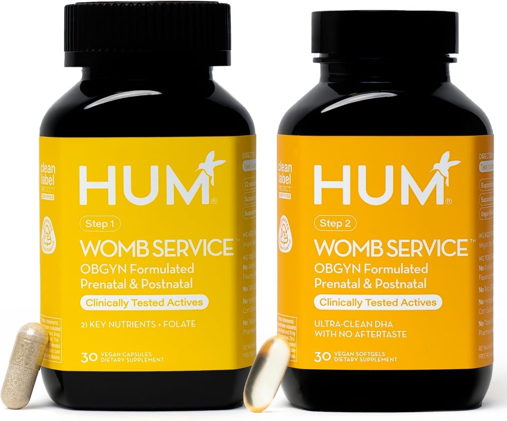 HUM Womb Service Postnatálne a prenatálne doplnky pre ženy, OBGYN Formulované s Vegan DHA, Choline & Folate, Čisté denné Nutrienty, Pre-to-Post tehotenstvo podpora, 30 Vegan Kapsule & 30 Softgels