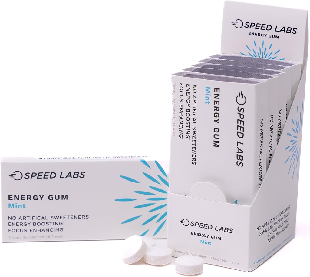 Speed Labs Mint Natural Caffeine Energy Gum 25mg Kofeín, Taurín, B Vitamíny per kuse, 48 kusov (6 balení 8) Bez cukru, Zero kalórií, prirodzene sladené, bez lepku