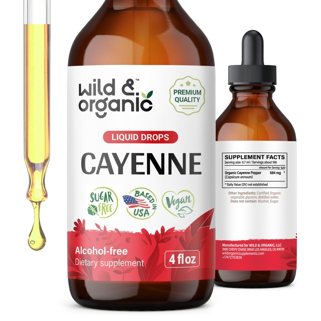 Wild & Organic Cayenne Pepper Tinture - Tráviaca podpora s extraktom kapsaicínu - Cayenne Pepper Tekuté kvapky pre celkové dobre Being - Vegan, Cukor & Alkohol-free - 4 fl oz