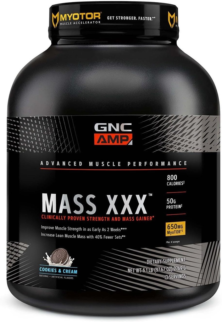 GNC AMP hmotnosť XXX, klinicky dokázaná hmotnosť Gainer proteín prášok, zlepšuje silu, veľkosť, 780 kalórií, 50g proteínu, mikronizované aminokyseliny, kreatín, betaín, Cookies & Cream, 13 Servings, 6 SVG