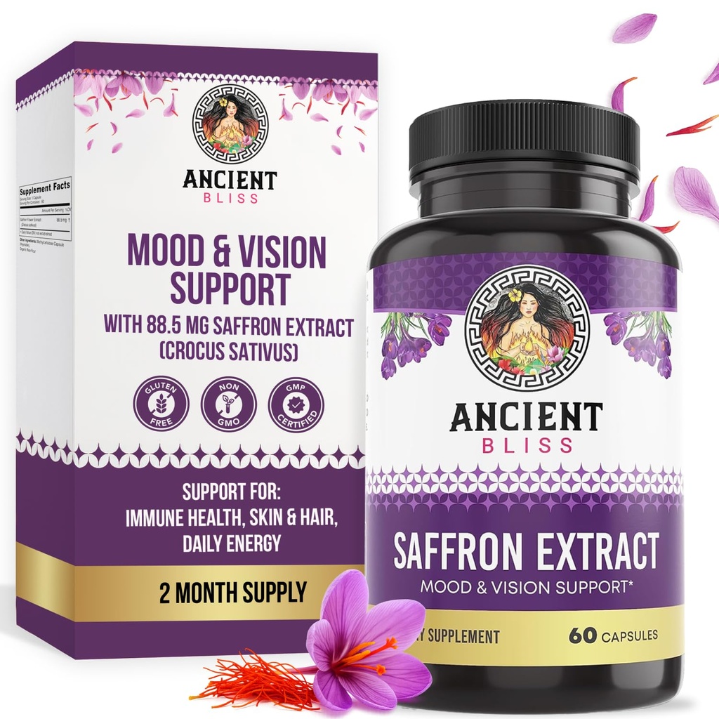 Staroveké Bliss Saffron extrakt Kapsule Mood & Eye Suplement, Saffron Extract Apppetite Supressant Manažment hmotnosti pre ženy a mužov (60 Kapsule)