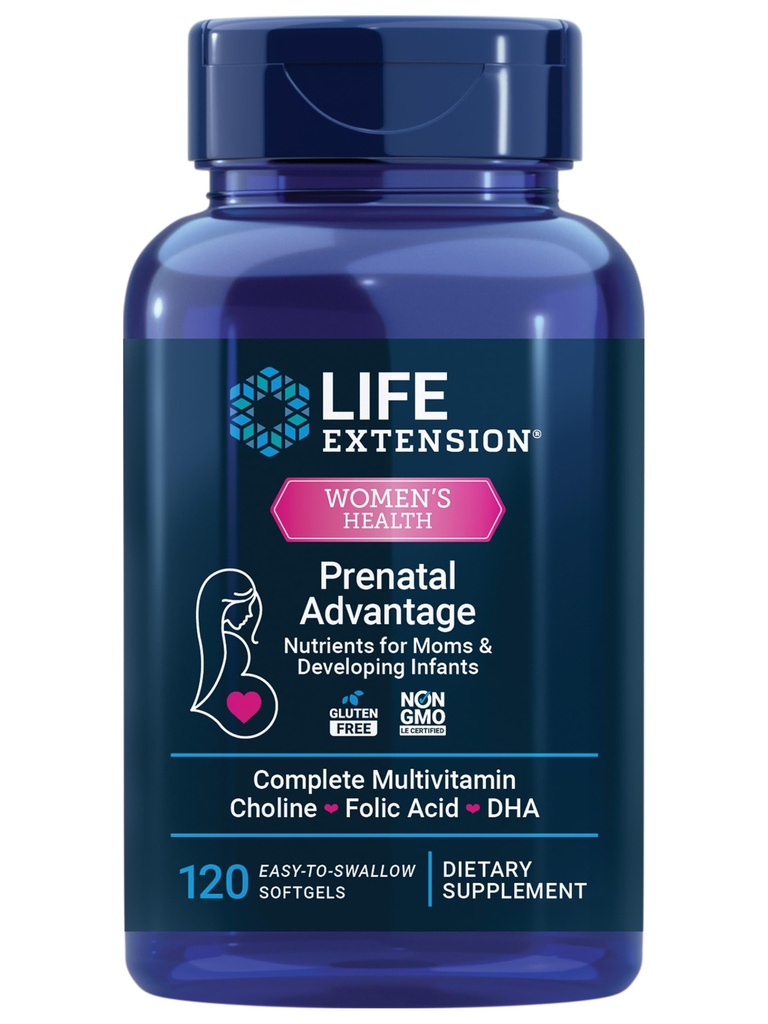 Predĺženie života Prenatálne výhody, Ženy multivitamíny, Detská podpora, kyselina listová, Cholín, omega-3s, Vitamín C, D3, B1, B6, B12, zinok, niacín, Gluten Free, non-GMO, 120 softgels