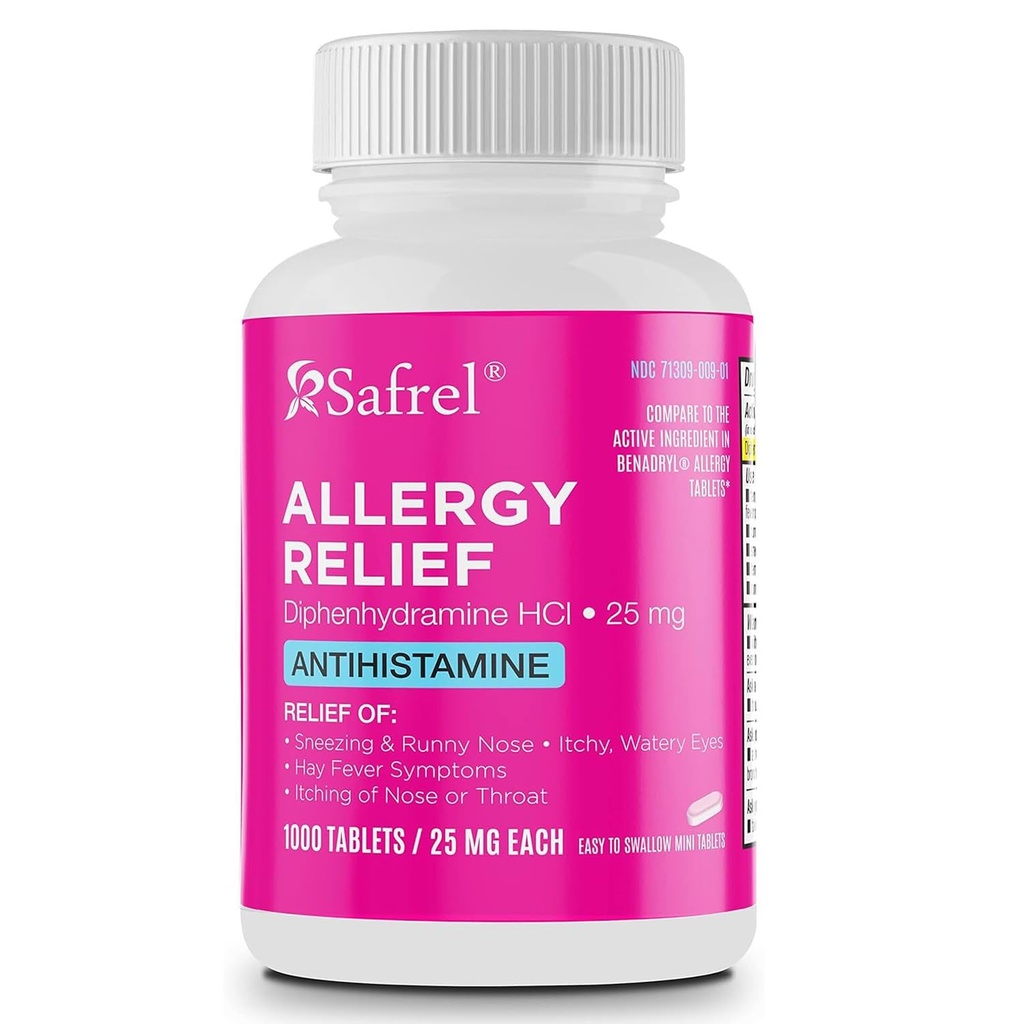 Safrel Alergia úľava medikácie Difenhydramín HCl Caplets 25 mg (1000 počet), Antihistaminikum Relieves Dýchanie, Runny Nose, Hay Fever, Svrbiace oči a hrdlo, Sezónne vnútorné a vonkajšie alergie pilulky