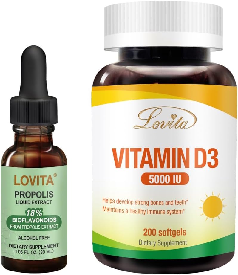 Lovita Bee Propolis tekutý extrakt a vitamín D3 Softgel Nutrient Supplement Bundle