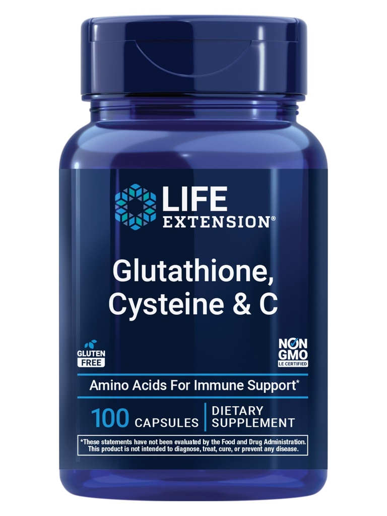 Life Extension Glutatión, Cysteine & C, 500 mg vitamínu C, Výkonný antioxidant doplnok k podpore zdravie pečene, Gluten-free, non- GMO, 100 kapsúl