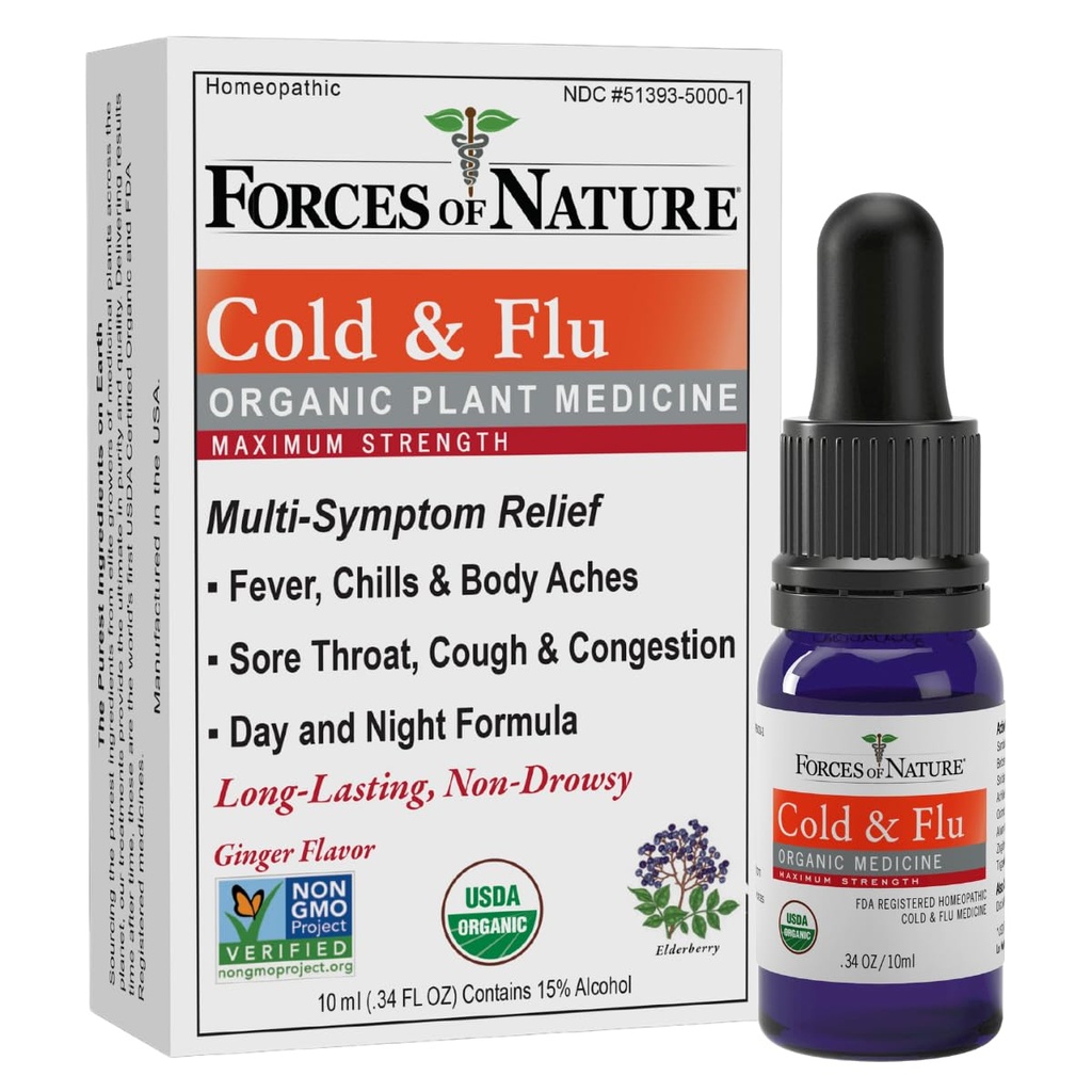 Sily prírody Cold & Cough Relief, Organická homeopatická medicína pre kašeľ, kongescia, bolesti tela, bolesti hlavy, zimnica a únava, maximálna sila, non-Drowsy Formula, 10ml (0,34 fl oz)