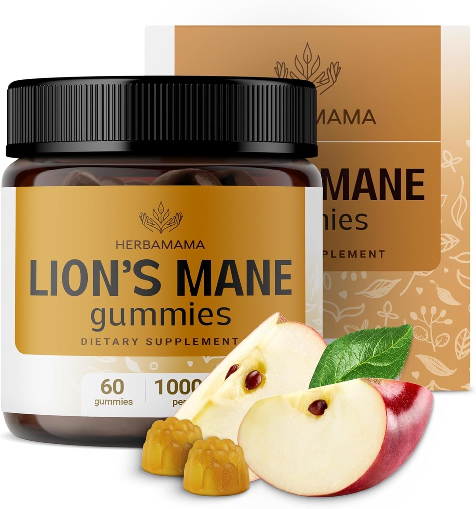 HERBAMAMA Lion's Mane Gummies - 1000mg Lion's Mane Mushroom for Brain Clarity Support - Vegan, Non-GMO Focus Supplement for Adults - 60 Pectin-Based Apple-Flaured Chews