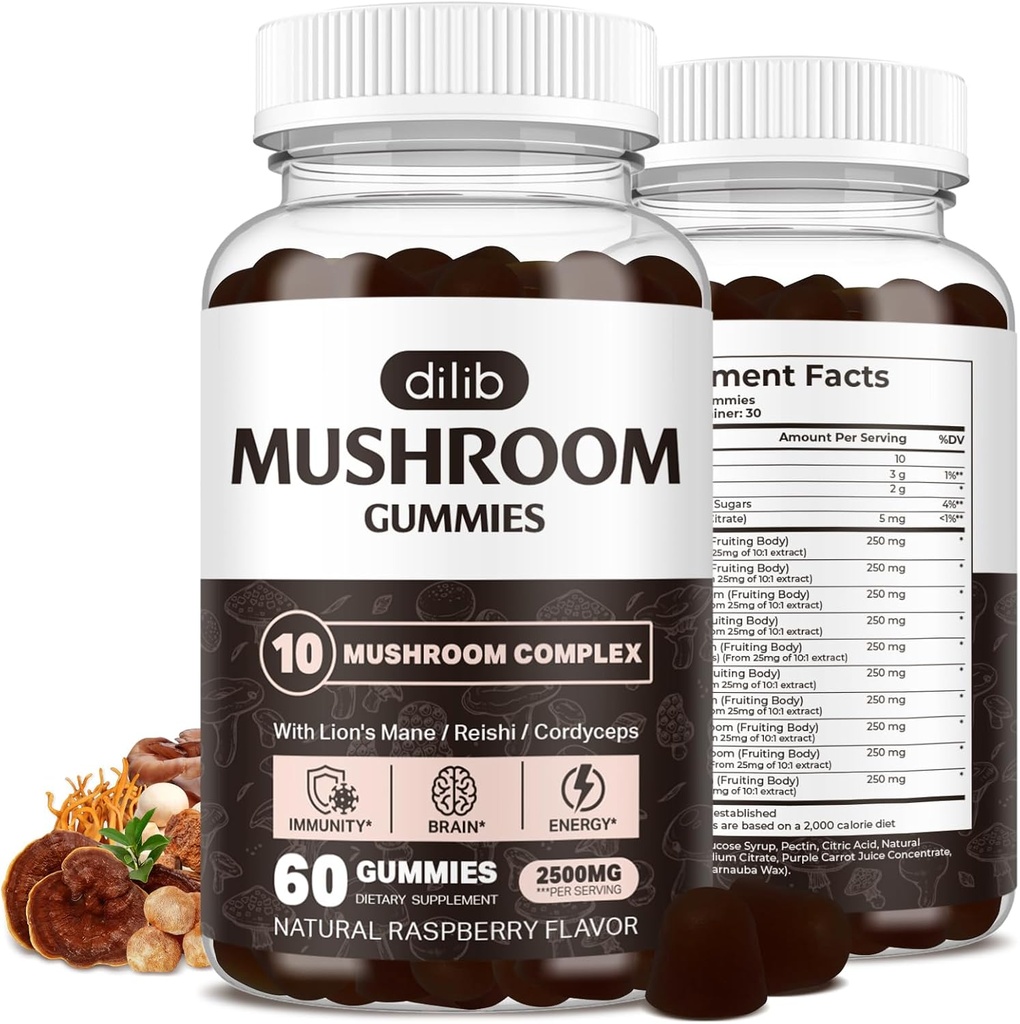 Huby Gummy 10 Blend Huby Complex 2500mg s Lions Mane, Cordyceps, Turkey Tail, Chaga, Reishi Supplement-Focus, Jasnosť, Pamäť, Energia, Immune Support-60 Gummy
