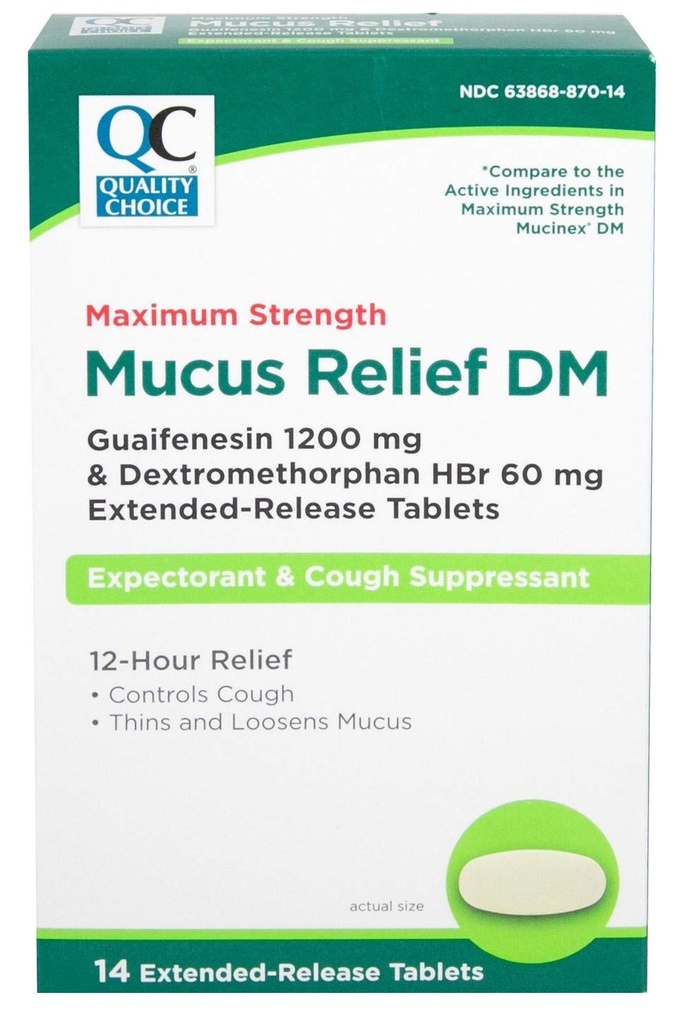Quality Choice Maximum Strength Muscus Relief DM, Cough Supressant and Expektorant, 12 Hour Relief, Guaifenesin 1200 mg and Dextrometorfan HBr 60 mg Extended Release Tablets, 14 Count
