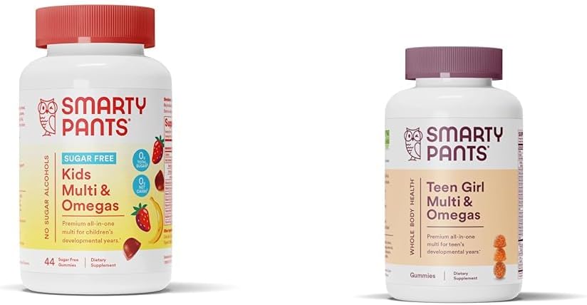 SmartyPants Kids Multivitamínové Gummy, bez cukru: Omega 3 (ALA) & Teen Girl Multivitamínové Gummy: Omega 3 Rybí olej (EPA/DHA)