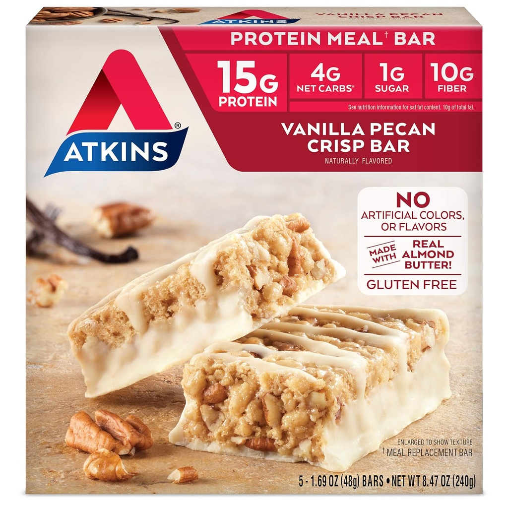 Atkins Vanilla Pecan Crisp Protein Meal Bar, High Fiber, 1g Sugar, 4g Net Carb Nahradenie jedla, Keto Friendly, 5