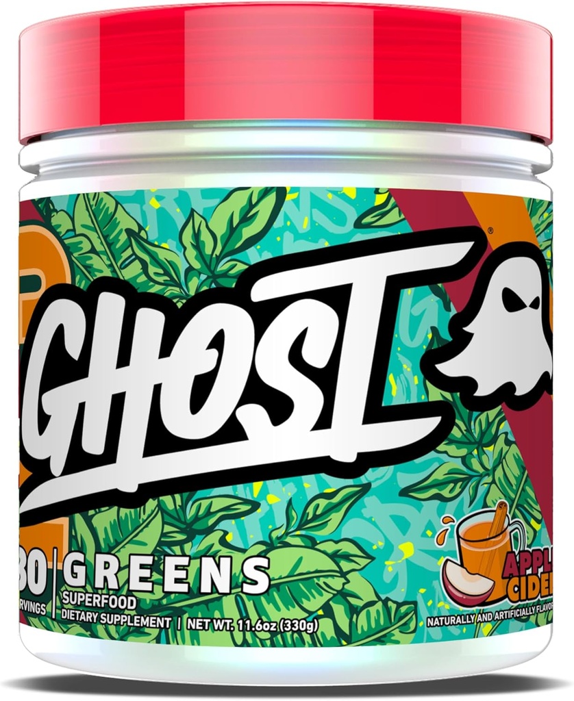 GHOST Greens Powder, Apple Cider - 30 Servírovanie - 19 Superfood Greens & Reds Powder, Fruits, Zelenina, Spirulina, & Chlorella, Prebiotiká, 10 miliárd CFU Probiotické a tráviace enzýmy - bez lepidla