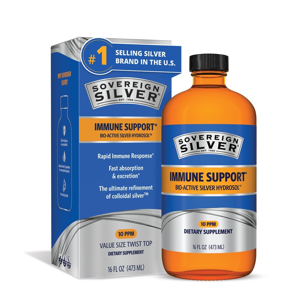 Sovereign Silver Immune Support - Koloidné striebro, bio-aktívny hydrosol striebra, 10 ppm, Liquid Twist Top, 16 Fl Oz, (473 ml)