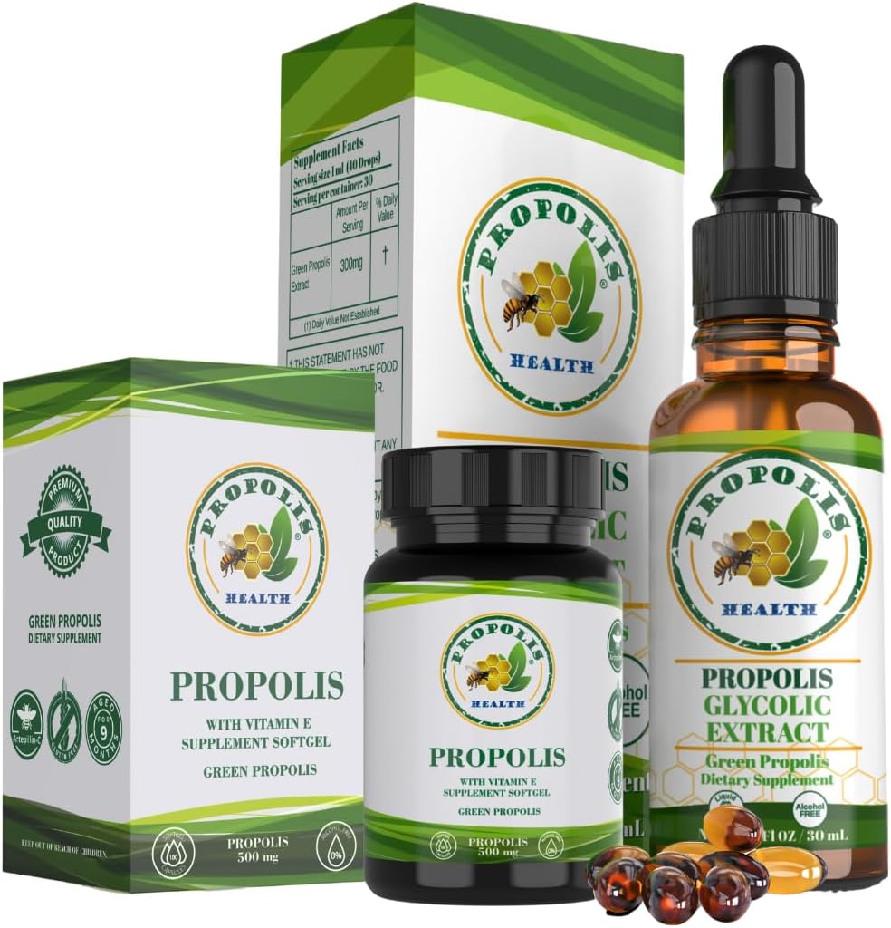 Propolis Health Premium Brazilian Green Propolis Bundle: 1000 mg Kapsule s vitamínom E & Green Propolis extrakt Tekutina - 50 dní Kapsula & 30 dní Tekutá zásoba pre imunitnú podporu