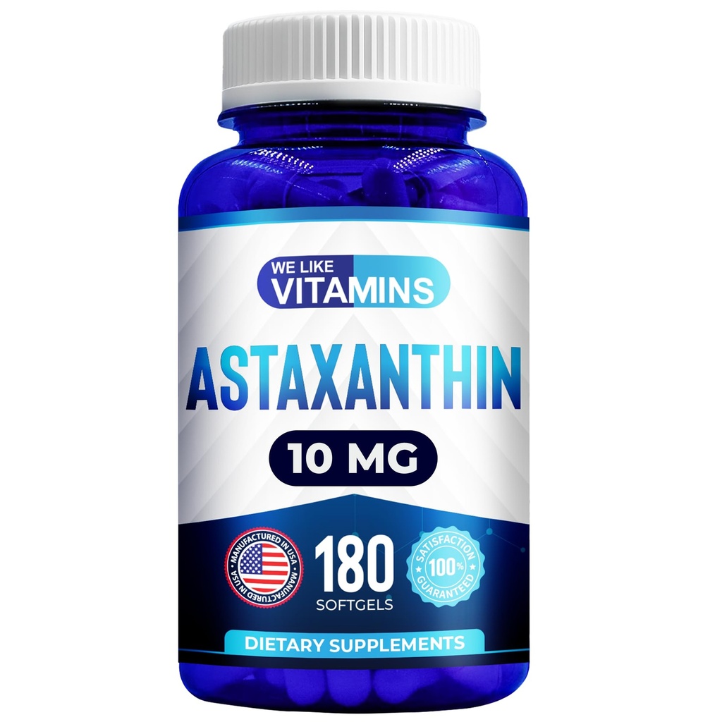 Máme radi vitamíny Astaxantín 10mg Softgel - Vysoko potentné astaxantínové doplnky z Hematococcus Pluvilis - Zlepšuje oko, kĺb, úroveň zdravia a energie kože - 180 Servisných služieb, 6 mesiacov