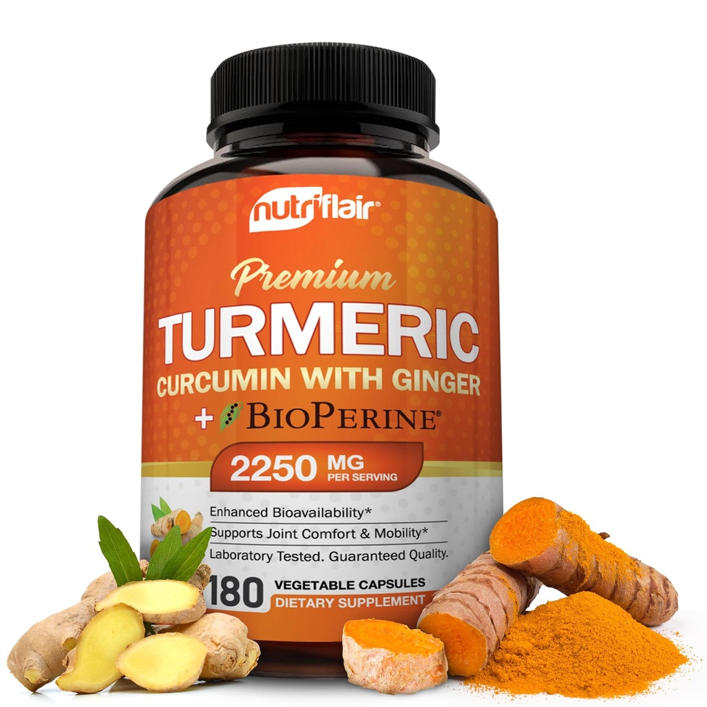 NutriFlair Turmeric Curcumin s zázvorom a BioPeric Black Pepper Supplements, 180 Kapsule - 95% Curcuminoids - Podpora kĺbu, Antioxidant, Anti Aging - Prírodné, Non-GMO, Vegan Najlepšia maximálna potencie