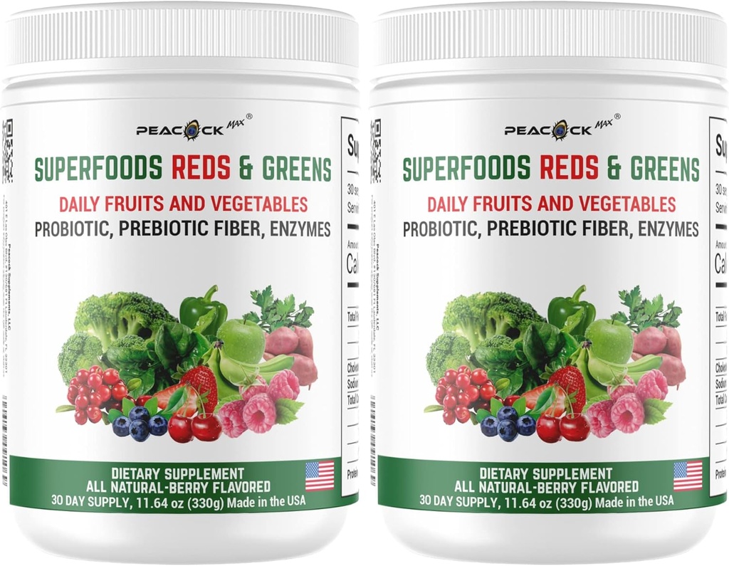Superfood Reds & Greens Powder - 11,64 oz (Pack of 2), Prebiotiká & Probiotiká pre trávne zdravie, Super Greens Powder s Ashwagandha, Antioxidanty, Vegan, Non-GMO