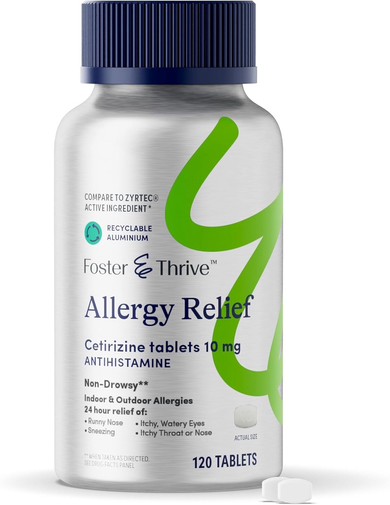 Foster & Thrive Cetirizín HCl 10mg Alergy Relief for Seasonal Allergies, Pollen, Hay Fever, and Suché svrbenie oči, Nedrása Antihistaminika Medicína pre deti alebo dospelých, V porovnaní s Zyrtec